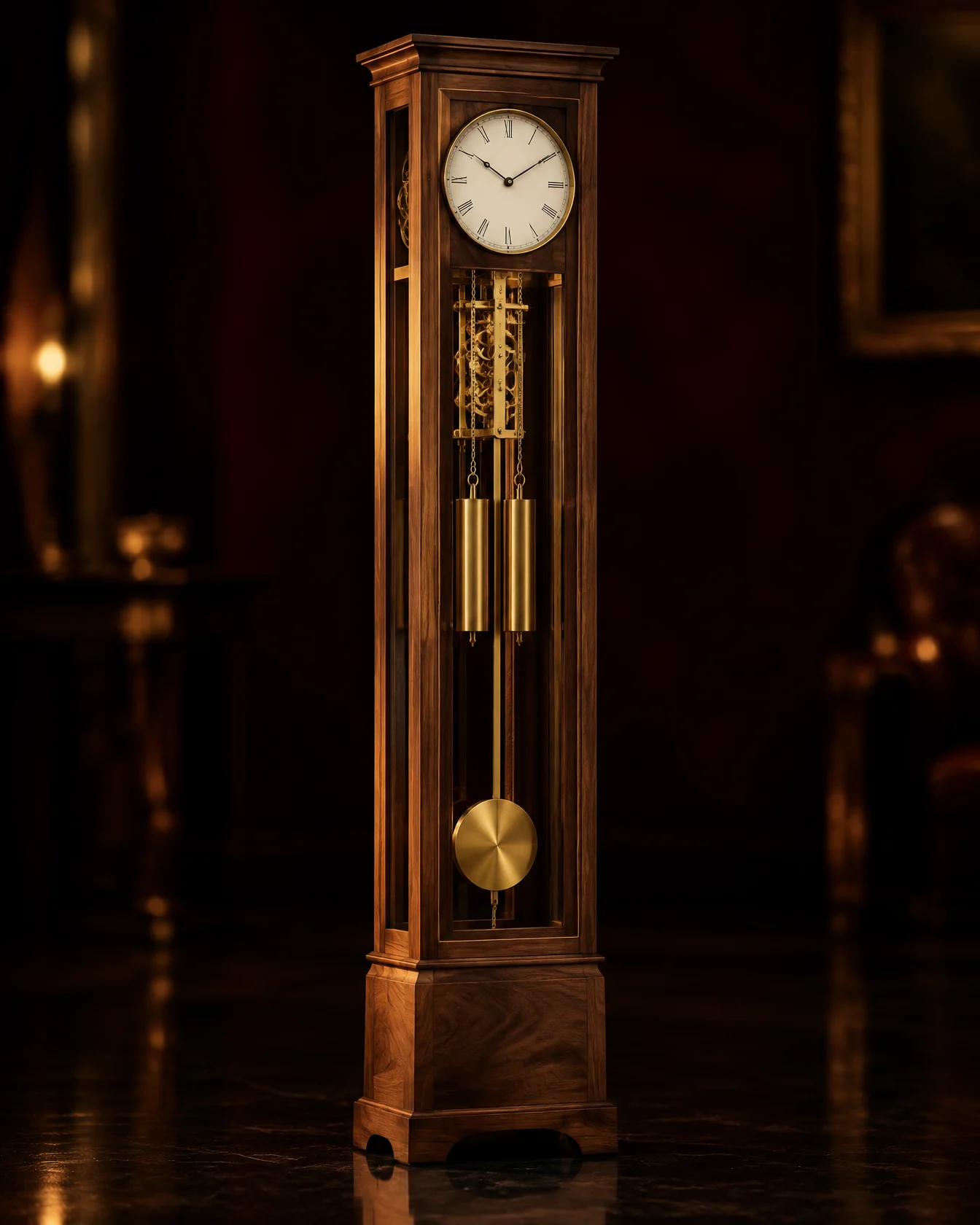 No. 31 Hallmere, a tall walnut longcase clock with glass sides showing its brass pendulum and weights