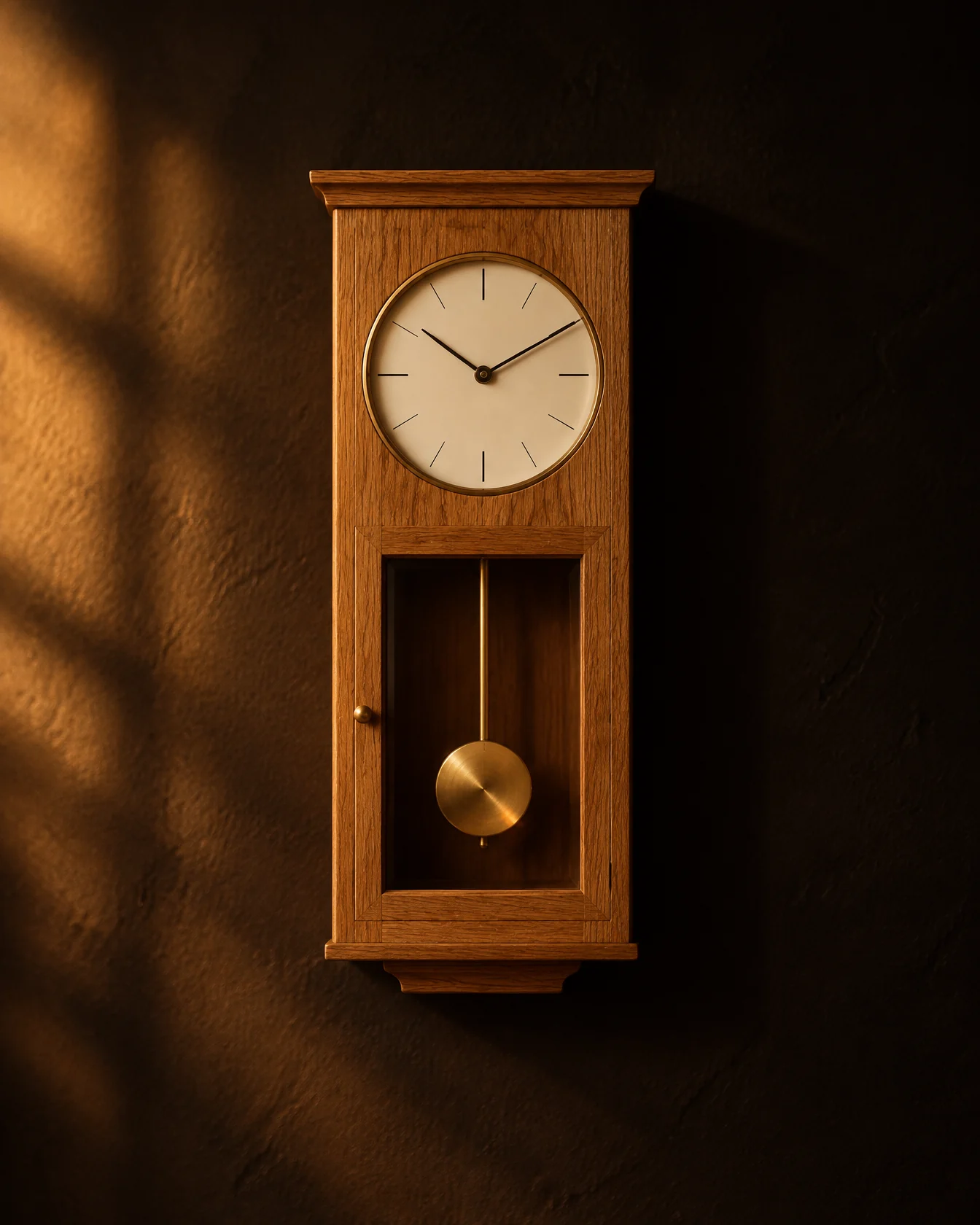 No. 32 Wren, a small oak wall clock with a cream dial and a short brass pendulum behind a glass door