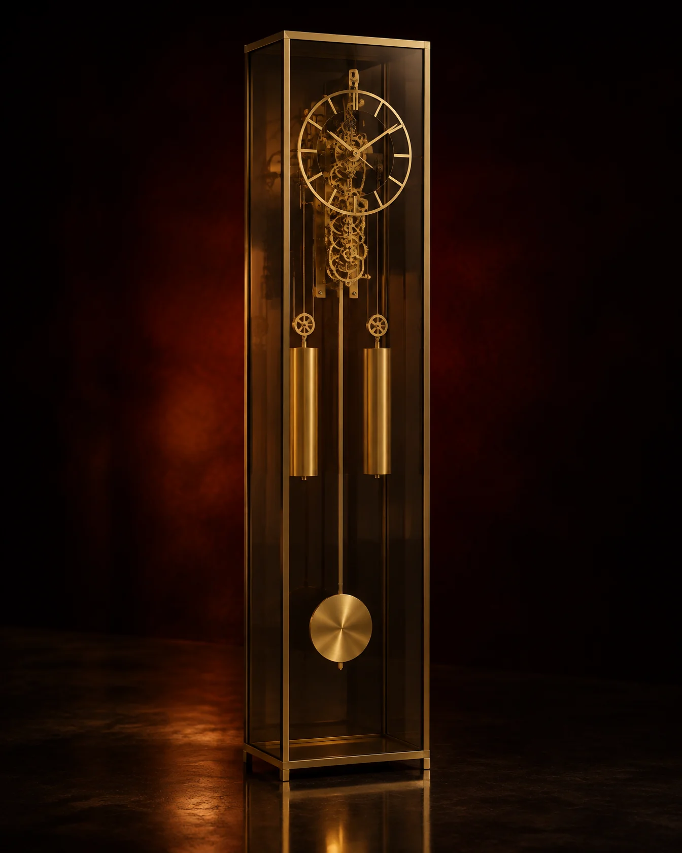 No. 33 Calder, a smoked-glass longcase clock with brass edges and its whole movement on show