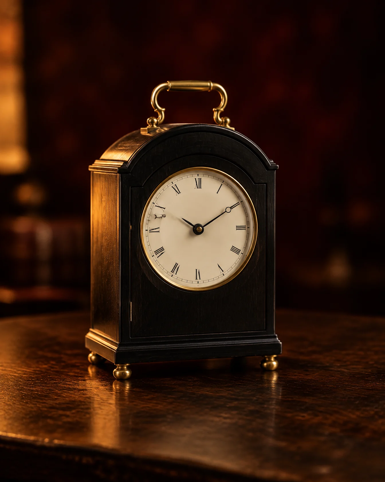 No. 34 Tamsin, a dark ebonised bracket clock with a brass carrying handle and a cream dial